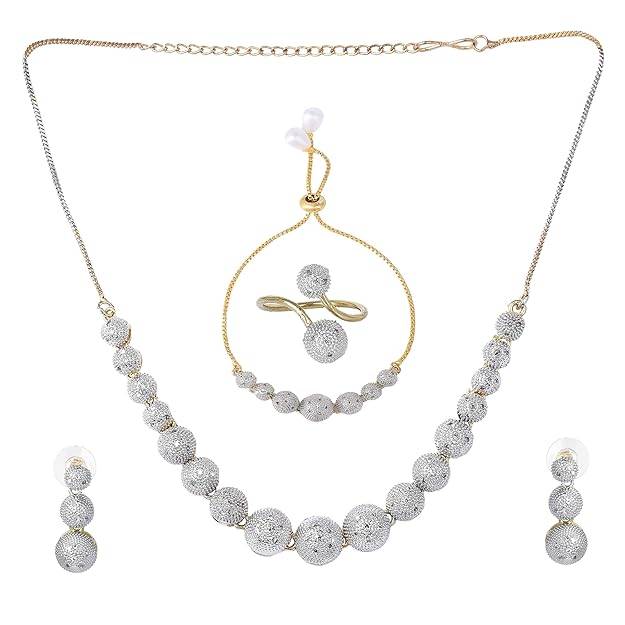 ion Jewelry Combo Of Choker Necklace Set For Women: Gold & Rhodium Plated Sparkling White American Di : OSAKCOM006-2TNWENKERBRFN