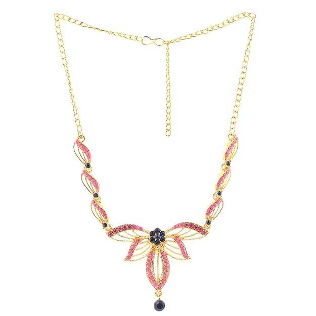 Classic Gold Plated Floral Necklace Set | Pink & Black Stone Jewelry : 50500047-IGNKER