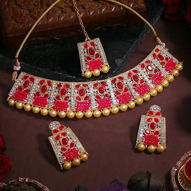 Estele Gold Plated Alluring Gehena Necklace Set & Maang Tikka With Pink Stones For Women : PJ-042-IGPNNKERTK