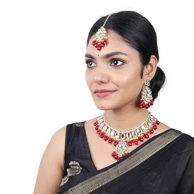 Estele Gold Plated Dazzling Gehena Necklace Set & Maang Tikka With Ruby Beads For Women : PJ-037-IGRBNKERTK