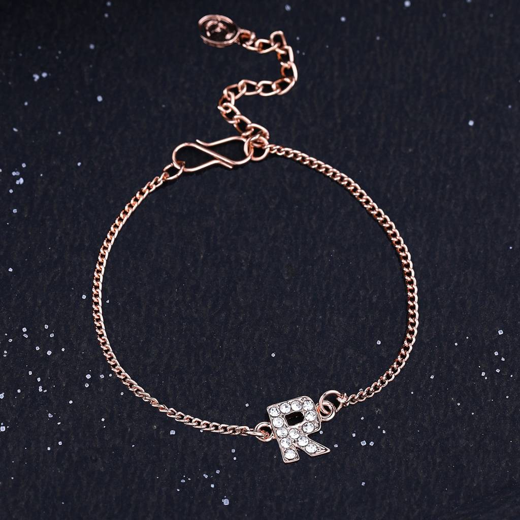 Estele Rosegold Plated Captivating Medium 'R' Letter Bracelet With Crystals For Women : 102178-RG-RBR
