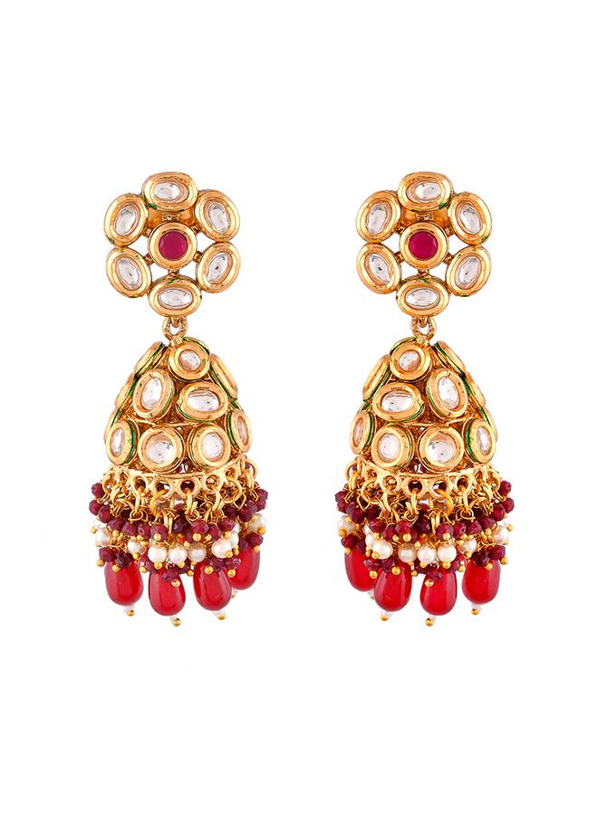 Kundan Elegance Pearl And Red Beads Faux Kundan Jhumka Earrings : 8905124504149
