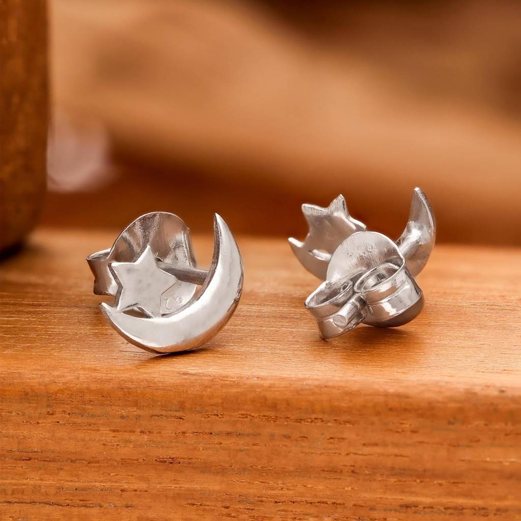 925 Silver Moon & Star Stud Earrings Gold & Silver Finish Celestial  Jewelry : SE_000873