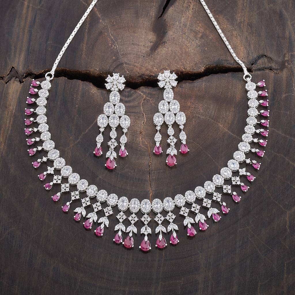 Kushal'S Fashion Jewellery Ruby Rhodium-Plated Cubic Zirconia Studded Jewellery Set-177113 : 424590