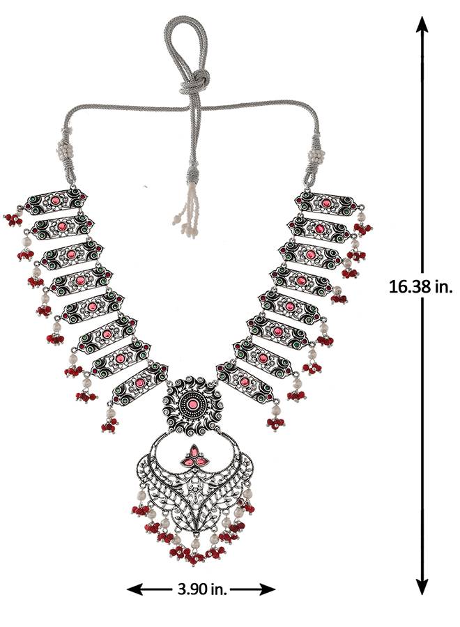 Abharan White And Red Stones And Pearls Opulent Jewellery Set : 8905124493801