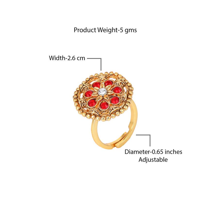 Estele Gold Plated Flower Designer Matte Finish Finger Ring With Ruby Crystals For Women : AD-150-IGRBRING