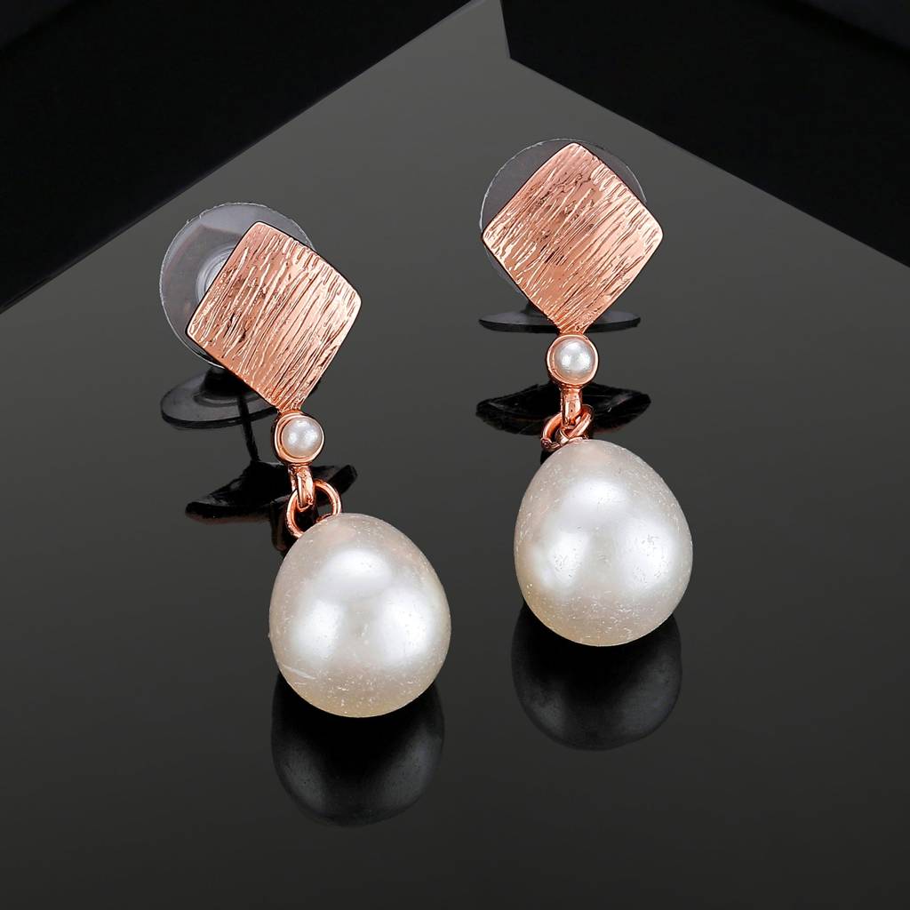 Estele Rosegold Plated Textured Pearl Drop Earrings For Girls And Women : 594703-RGER