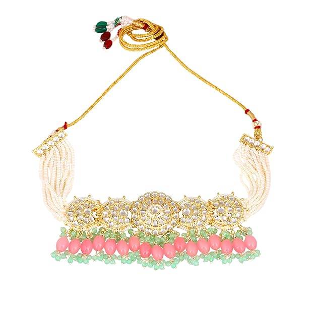 Estele Gold Plated Splendid Gehena Necklace Set & Maang Tikka With Mint Pink Beads For Women : PJ-041-IGMGMPNKERTK