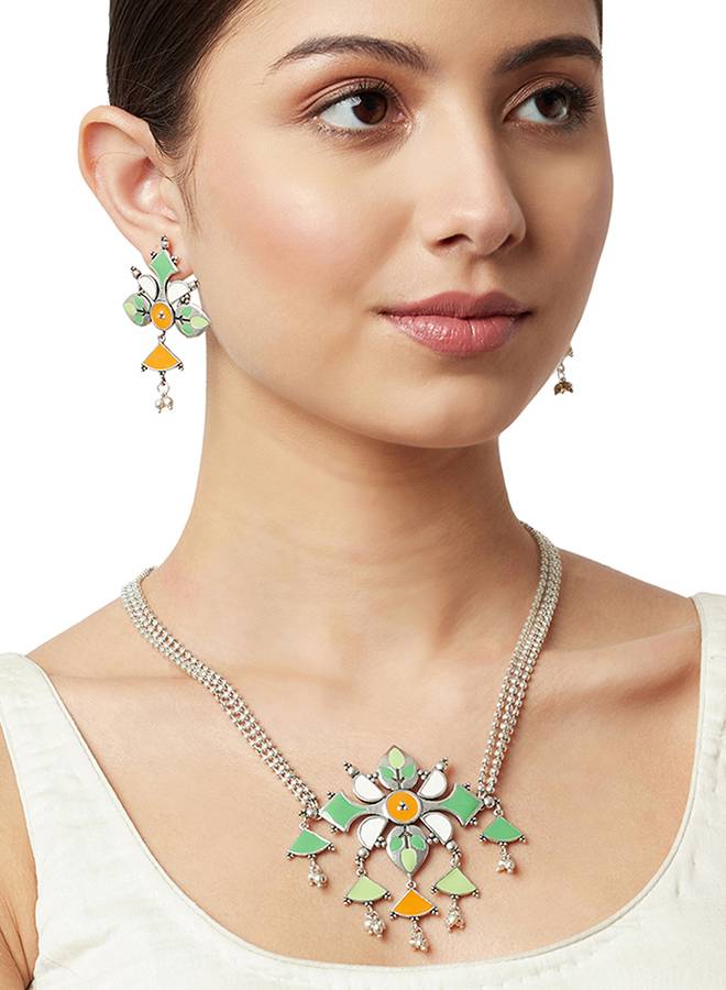 Festive Hues Enamelled Floral Patterns Silver Plated Jewellery Set : 8905124458916
