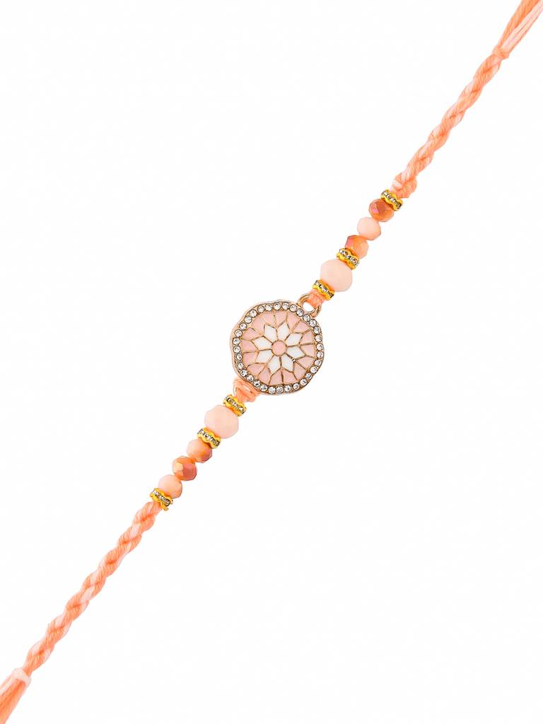 Men'S Orange Thread Traditional Design White Pearls Rakhi For Brother : 8905124524345