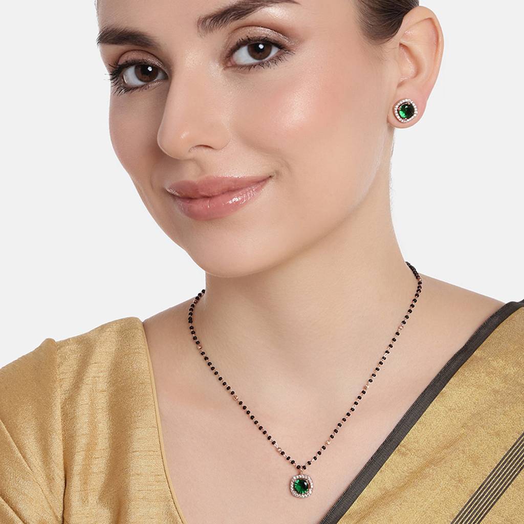 Estele Rose Gold Plated Cz Sparkling Mangalsutra Necklace Set With Green Stones For Women : ADMS037-RGGNNKER