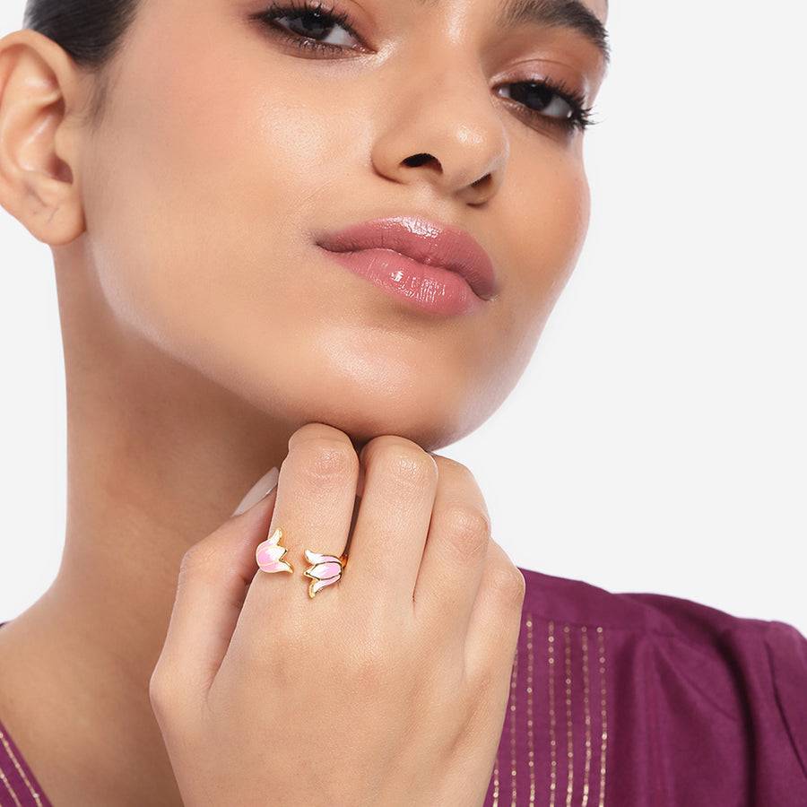 Estele Gold Plated Pink Enamel Lotus Designer Stylish Adjustable Finger Ring For Girl'S & Women : AD-143-IGRING