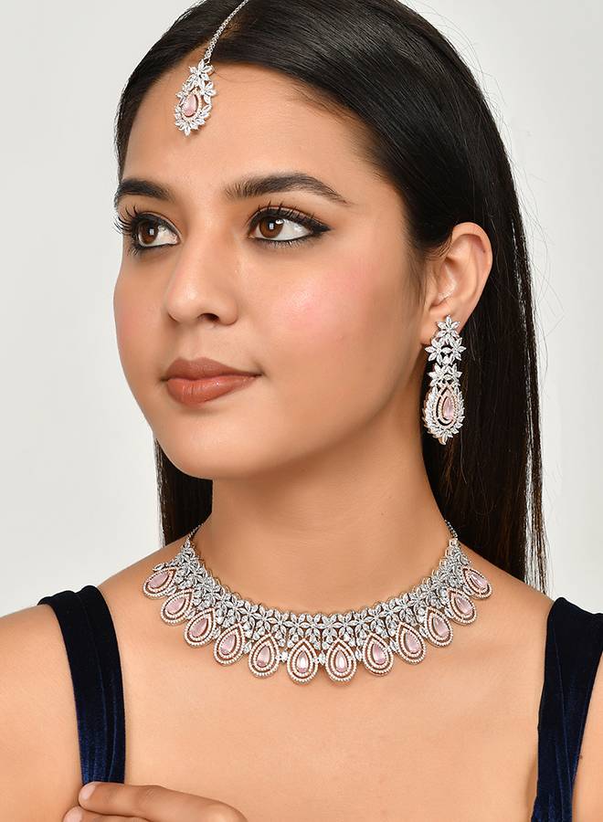 Cz Elegance Dual Tone Brass Made Necklace Set : 8905124477627