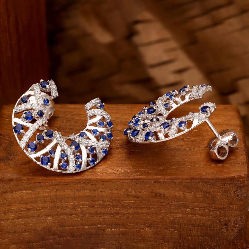 925 Silver Blue Sapphire Hoop Earrings | Diamond Accent Gift : SE_000882