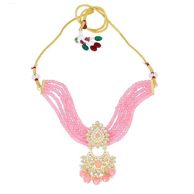 Estele Gold Plated Graceful Gehena Necklace Set & Maang Tikka With Mint Pink Beads For Women : PJ-033-IGMPNKERTK
