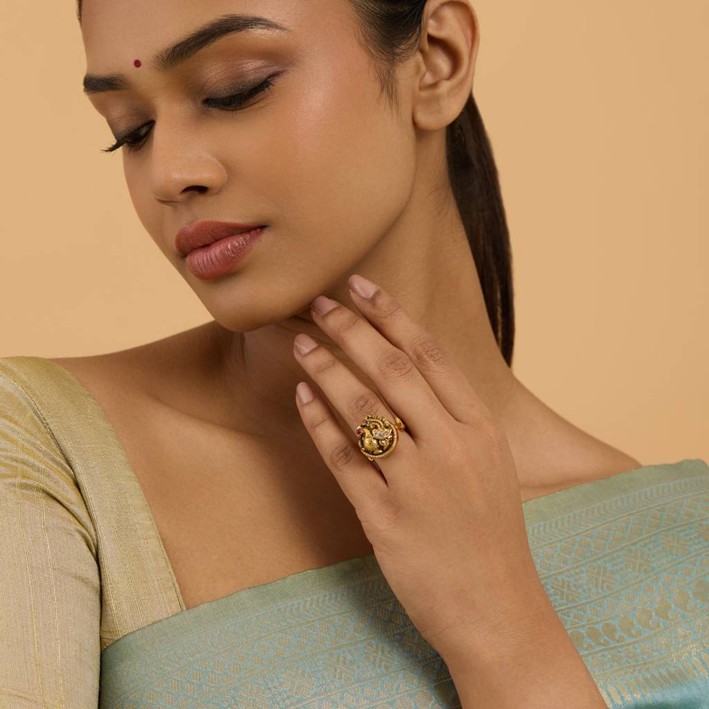 Kushal'S Fashion Jewellery Gold-Plated Cz Studded Temple Finger Ring : 426665