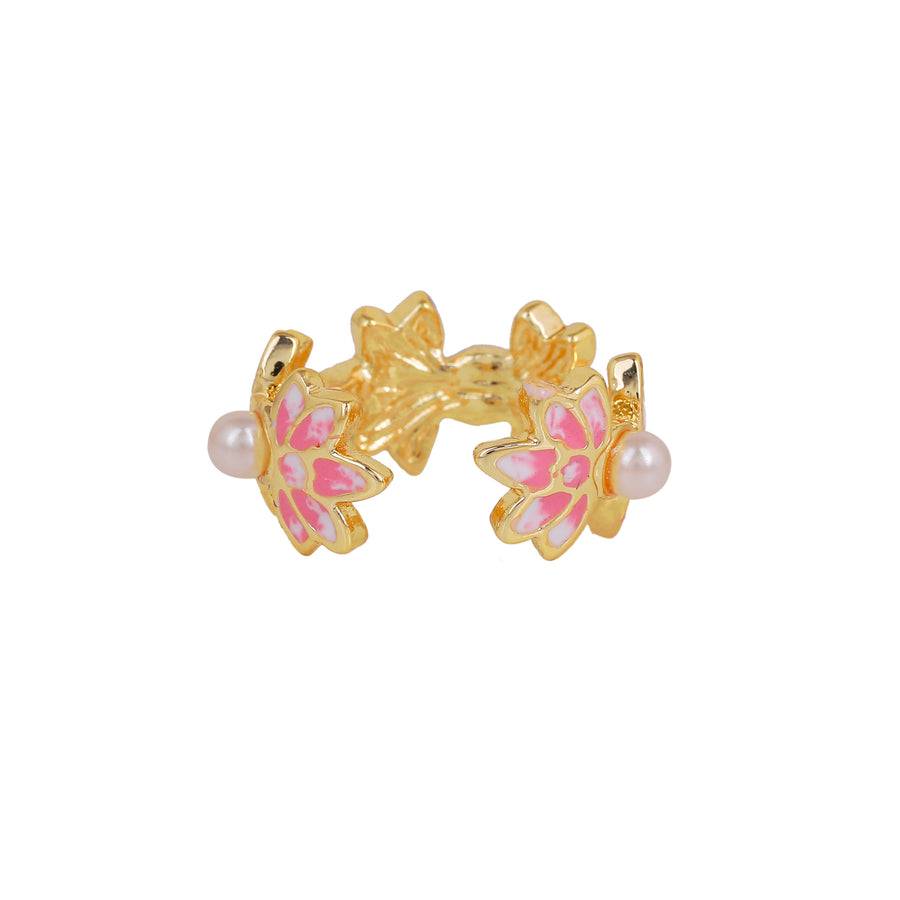 Estele Gold Plated Pink Enamel Lotus Designer Adjustable Finger Ring With Pearls For Girl'S & Womens : AD-137-IGRING