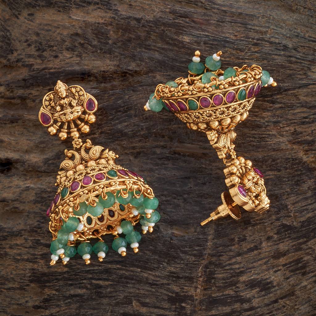 Kushal'S Fashion Jewellery Ruby-Green Gold-Plated Ethnic Antique Earring Jhumkas-181466 : 433678