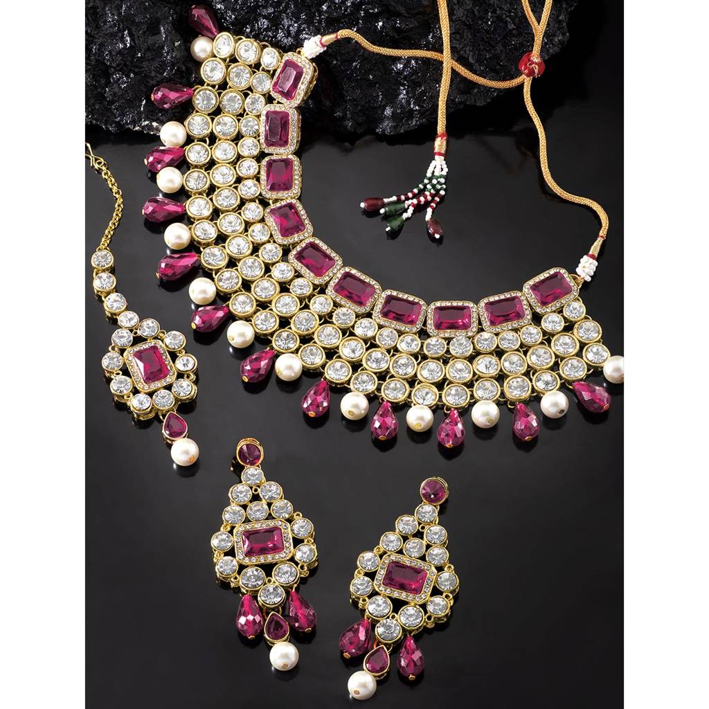 Crystal Choker Necklace With Maang Tikka Earrings Indian Traditional Bridal Wedding Jewellery Set For Women Girls : PF25N708RP