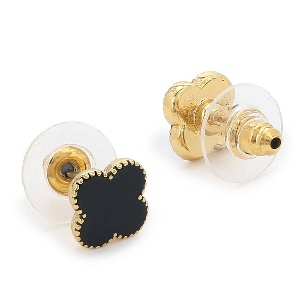 Estele Gold Plated Clover Designer Black Enamel Stud Earrings : 654704ER