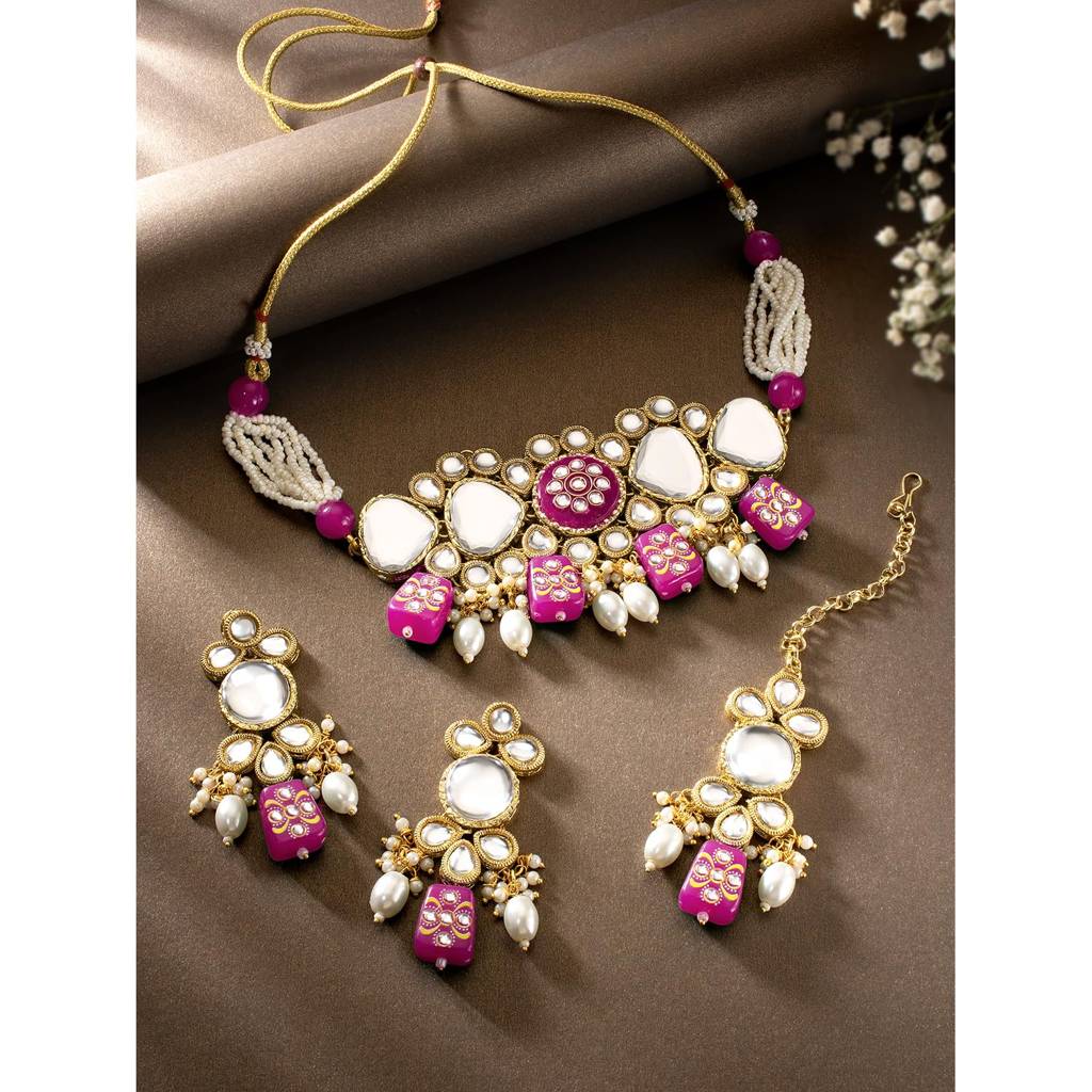 Gold Plated Kundan Beads Studded Choker Necklace Dangle Earrings & Maangtikka Set Ethnic Fashion Jewellery Gift F : PF25N080RP
