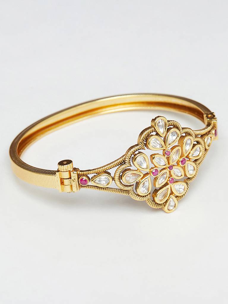 Ethnic Style Kundan Embellished Gold Plated Cuff Bangle : 8905124456875