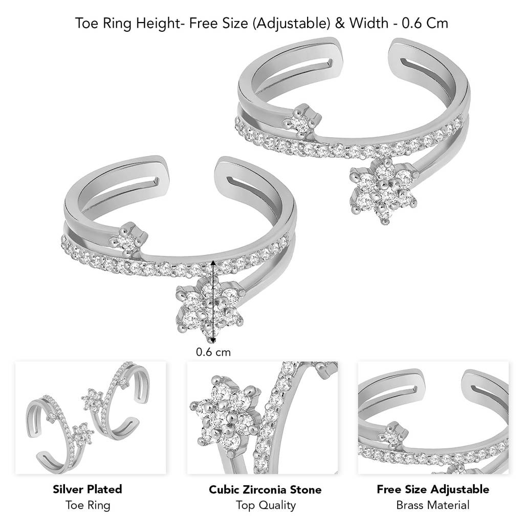 Cubic Zirconia Studded Fancy Toe Ring Adjustable Bichiya Stylish Fashion Jewellery Gift For Women-Pf30Tr34 : PF30TR34S