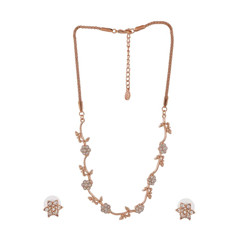 Estele Rose Gold Plated Flower Designer Necklace Set With Crystals For Women : 9558-RGNKER