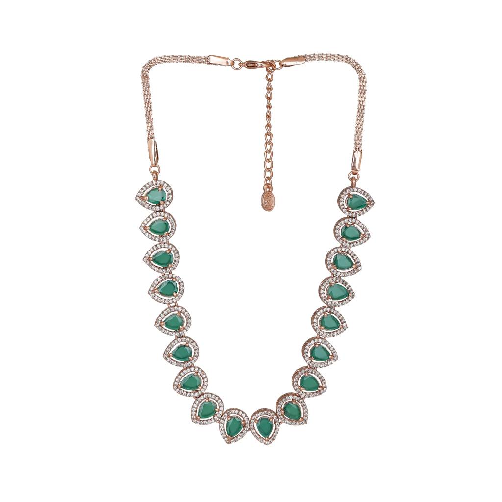 Estele Rose Gold Plated Cz Precious Pears Necklace Set With Green Crystals For Women : AD-678-RG-GNNKER