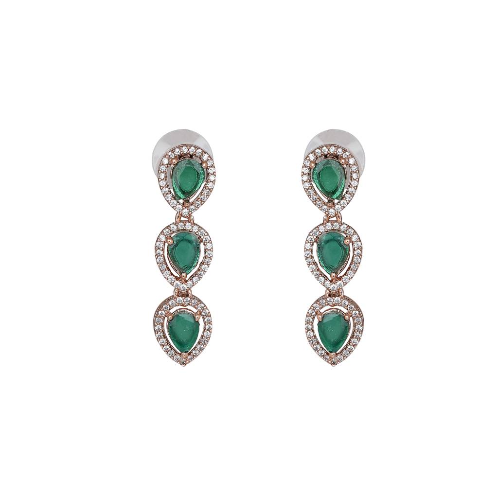 Estele Rose Gold Plated Cz Precious Pears Necklace Set With Green Crystals For Women : AD-678-RG-GNNKER