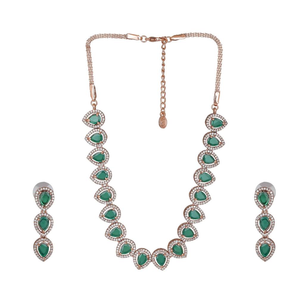 Estele Rose Gold Plated Cz Precious Pears Necklace Set With Green Crystals For Women : AD-678-RG-GNNKER