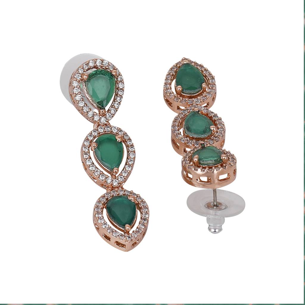 Estele Rose Gold Plated Cz Precious Pears Necklace Set With Green Crystals For Women : AD-678-RG-GNNKER