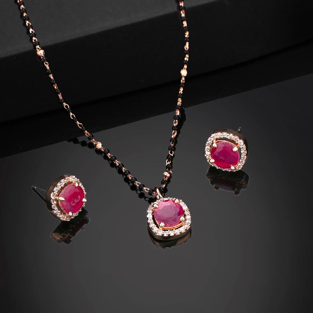 Estele Rose Gold Plated Cz Sparkling Mangalsutra Necklace Set With Ruby Stones For Women : ADMS037-RGRBNKER