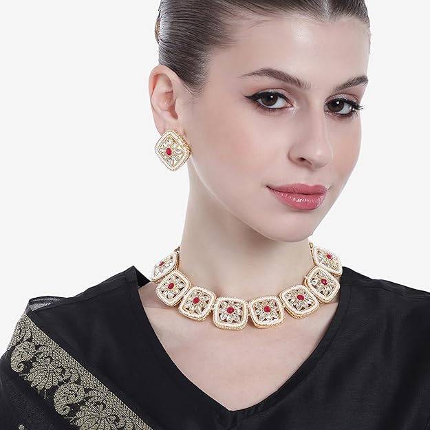 Estele Gold Plated Square Designer Kundan-Studded Gehena Necklace Set For Women : PJ-021-IGRBNKER