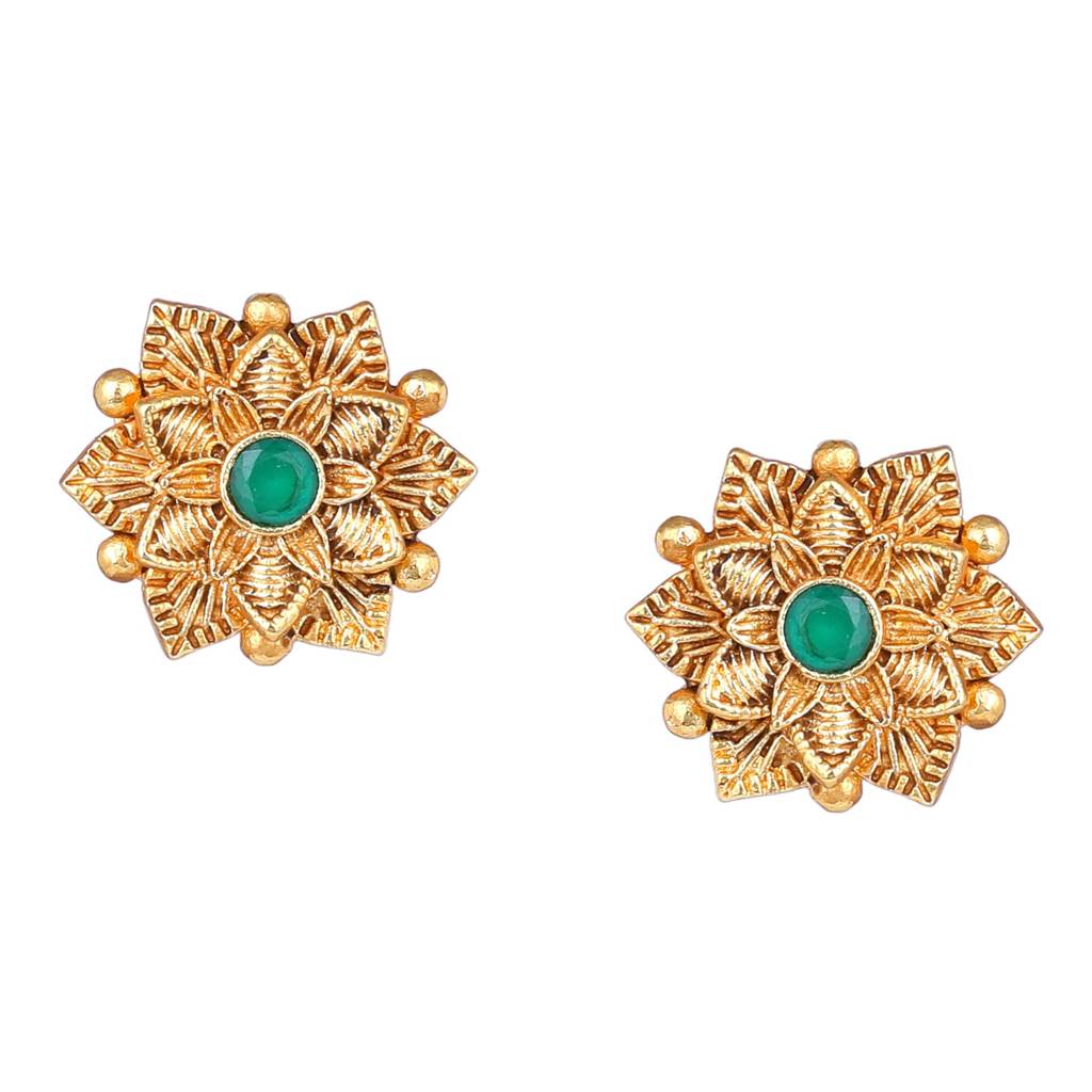 Estele Gold Plated Flower Designer Matte Finish Stud Earrings With Green Crystals For Women : AD-116715-IGGNER