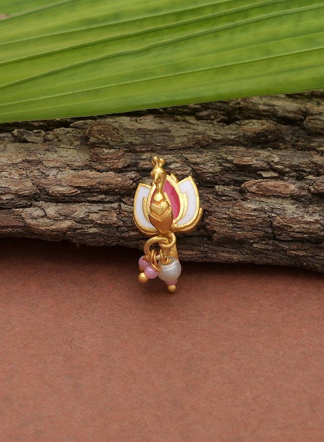Shwet Kamal Lotus Motif Faux Pearls Gold Plated Slip On Nose Pin : 8905124464528