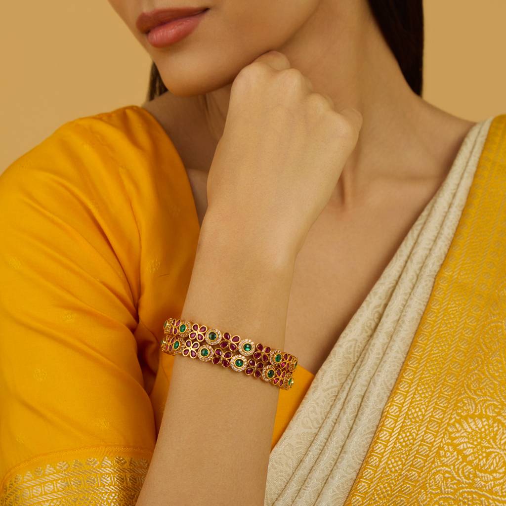 Kushal'S Fashion Jewellery Ruby-Green Gold-Plated Ethnic Antique Bangle : 426006