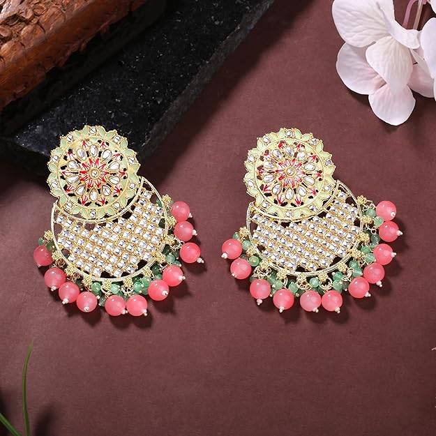 Estele Gold Plated Fascinating Gehena Drop Earrings With Green & Pink Beads For Women : PJ-011-IGMGMPER