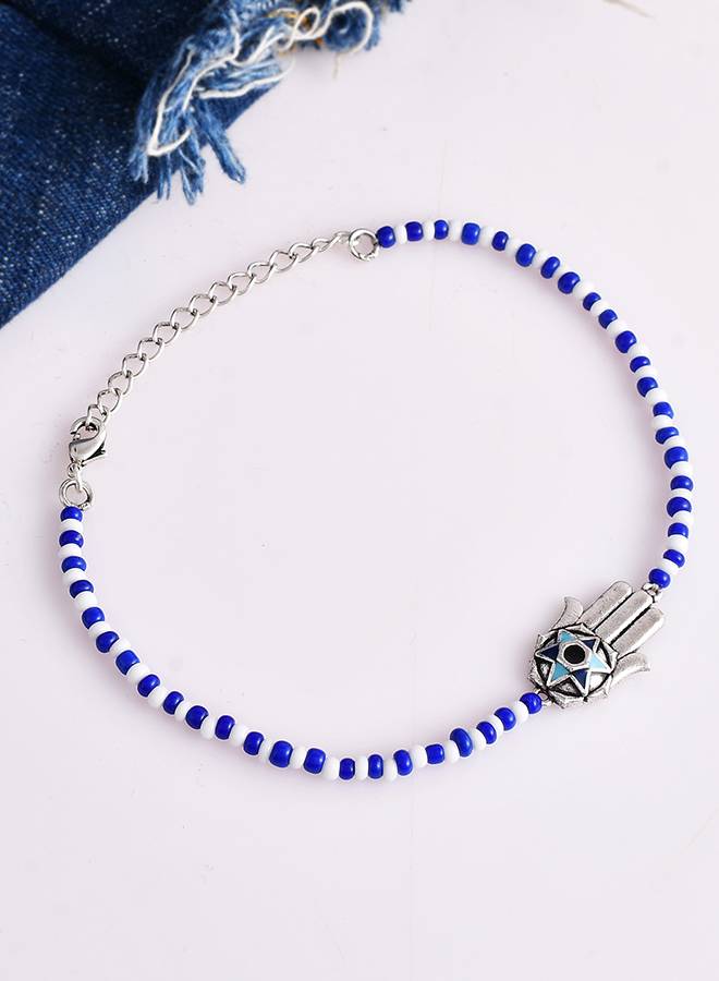 Evil Eye Blue And White Beads Hamsa Anklet : 8905124479522