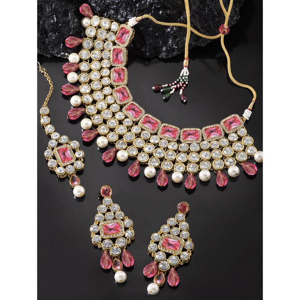 Crystal Choker Necklace With Maang Tikka Earrings Indian Traditional Bridal Wedding Jewellery Set For Women Girls : PF25N708PK