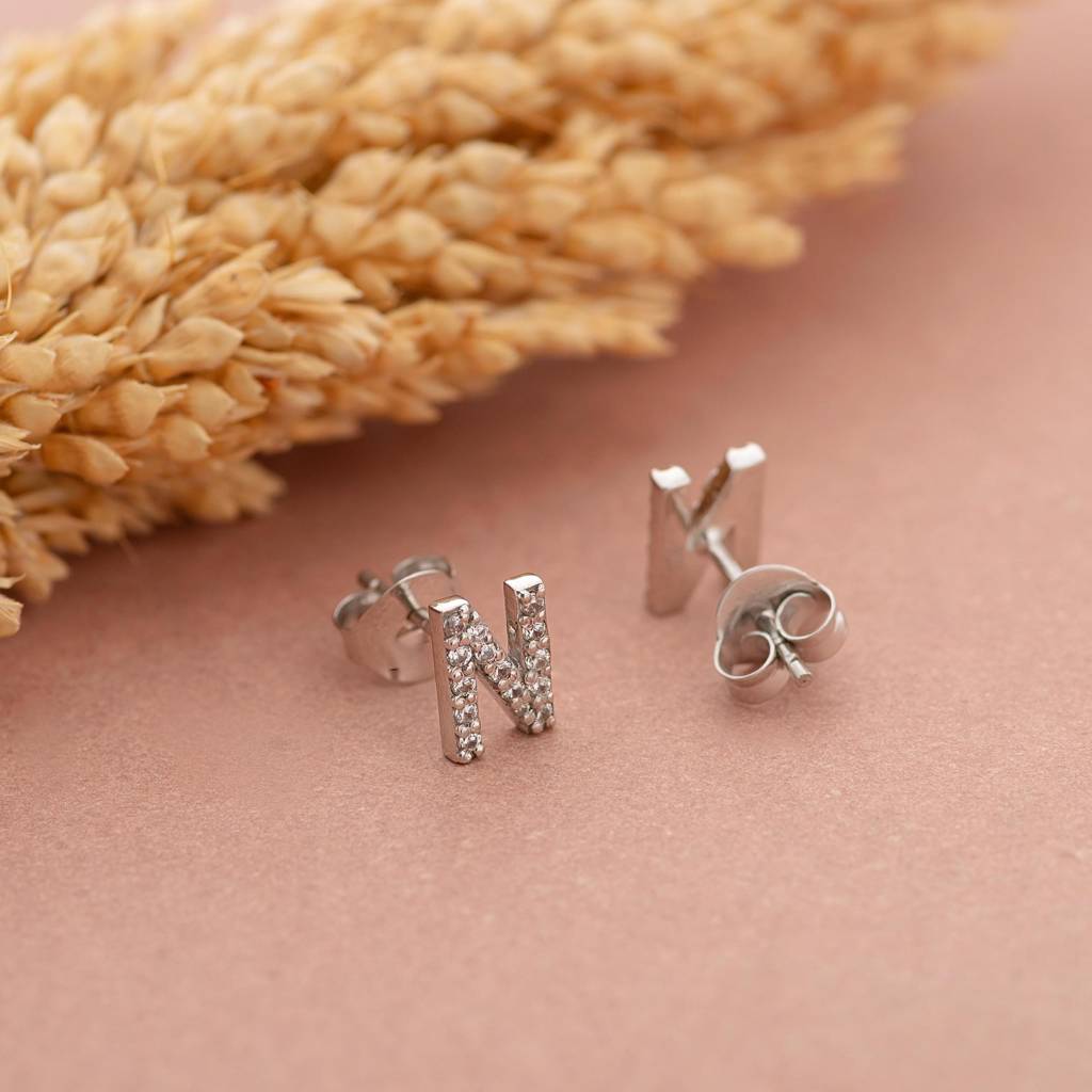 925 Silver N Initial Stud Earrings | Dainty Cz Letter Earrings Personalized Jewelry Gift : SE_000707