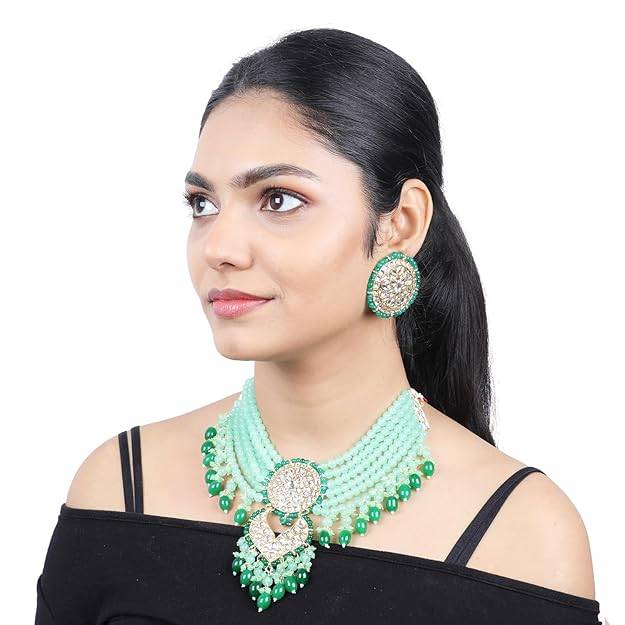 Estele Gold Plated Enchanting Gehena Necklace Set With Mint Green Beads For Women : PJ-048-IGMGNKER