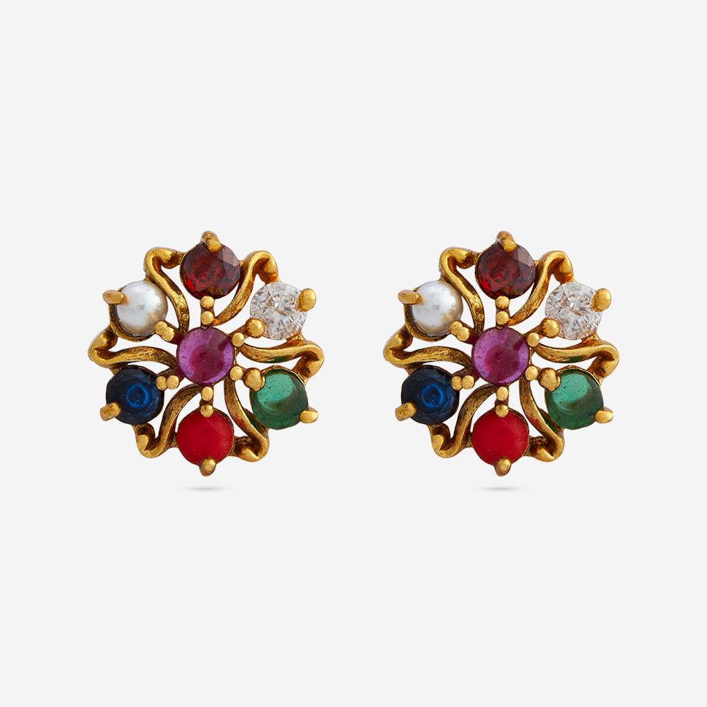 Navaratna Gold-Plated Ethnic Antique Studs-440710 : 440710