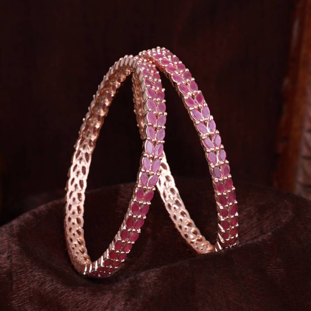 Estele Rose Gold Plated Cz Leaf Designer Bangles With Ruby Stones For Women : AD-005-RG-RBBANGLE