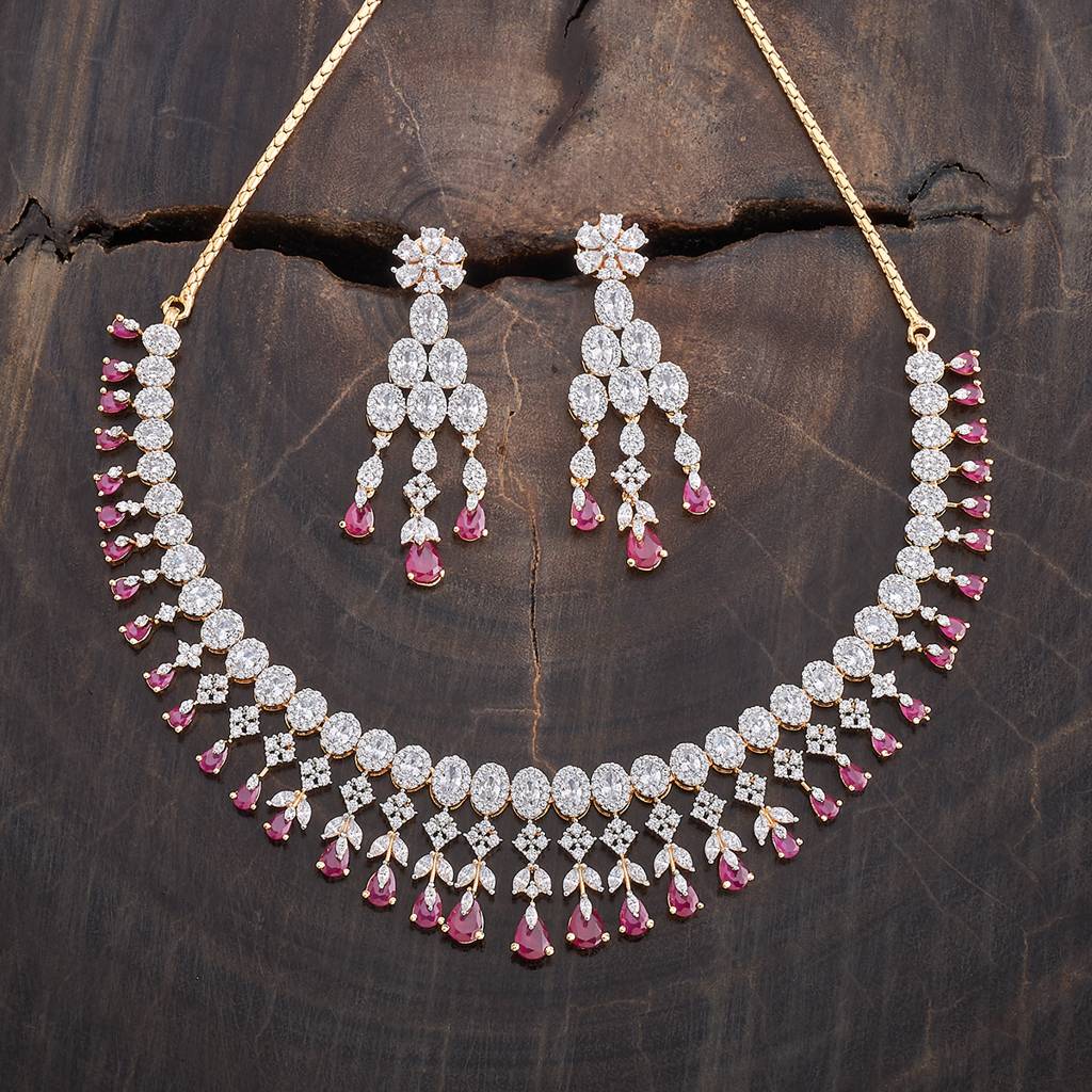 Kushal'S Fashion Jewellery Ruby Rhodium-Plated Cubic Zirconia Studded Jewellery Set-177113 : 424592