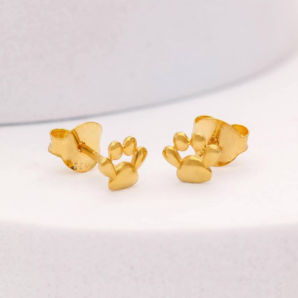 925 Silver Paw Print Stud Earrings | Gold Finish Pet Lover Earrings Gift For Her : SE_000657