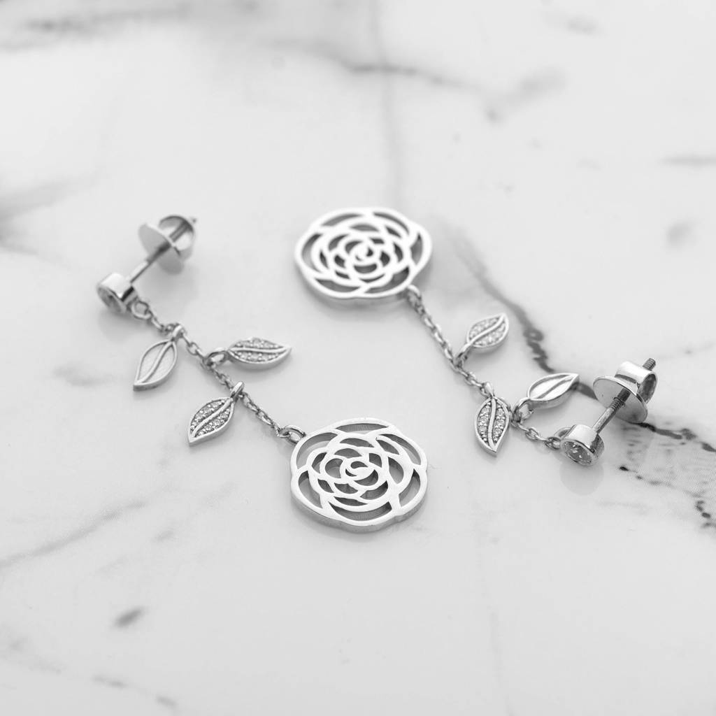 925 Silver Rose Flower Dangle Earrings | Cz Leaf Drop Gift : SE_000756