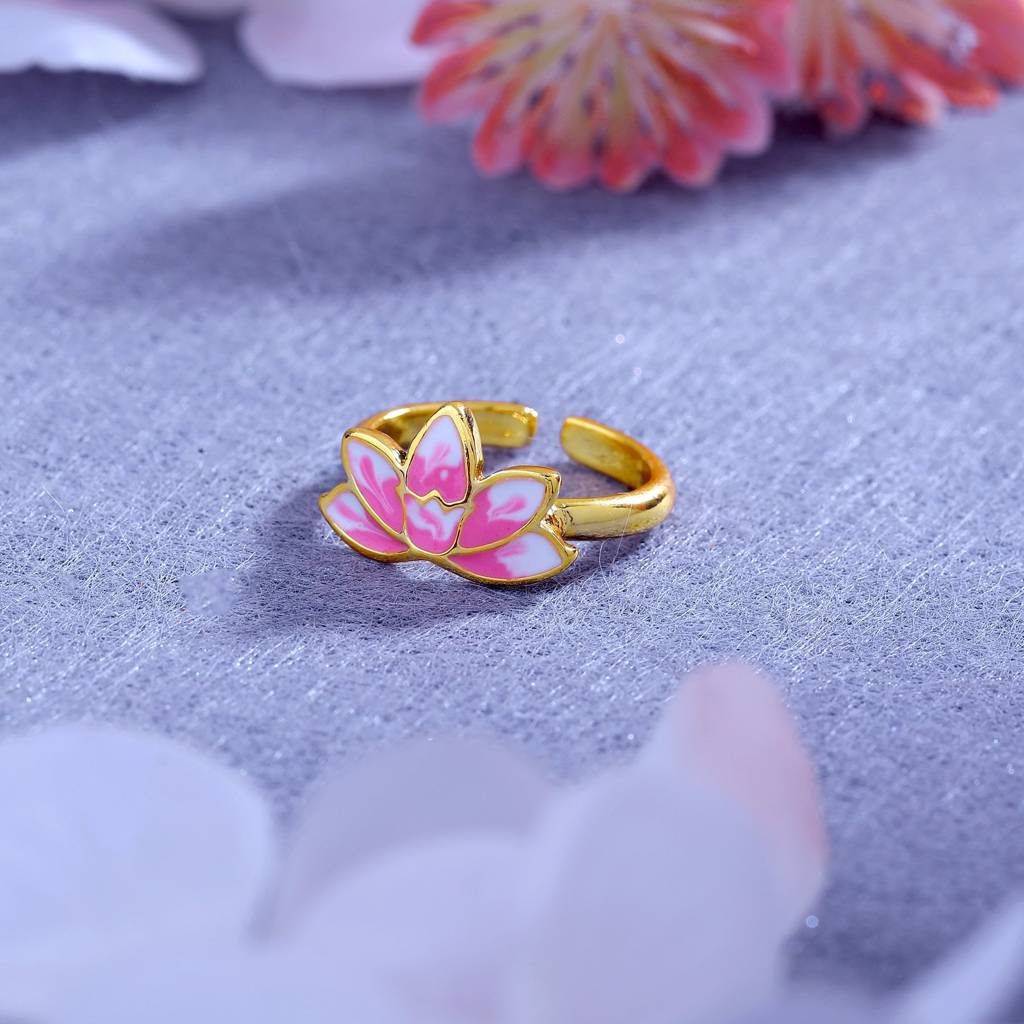 Estele Gold Plated Pink Enamel Lotus Designer Stylish Adjustable Finger Ring For Girl'S & Women. : AD-142-IGRING