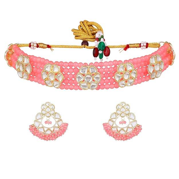 Estele Gold Plated Elegant Gehena Necklace Set With Mint Pink Beads For Women : PJ-027-IGMPNKER