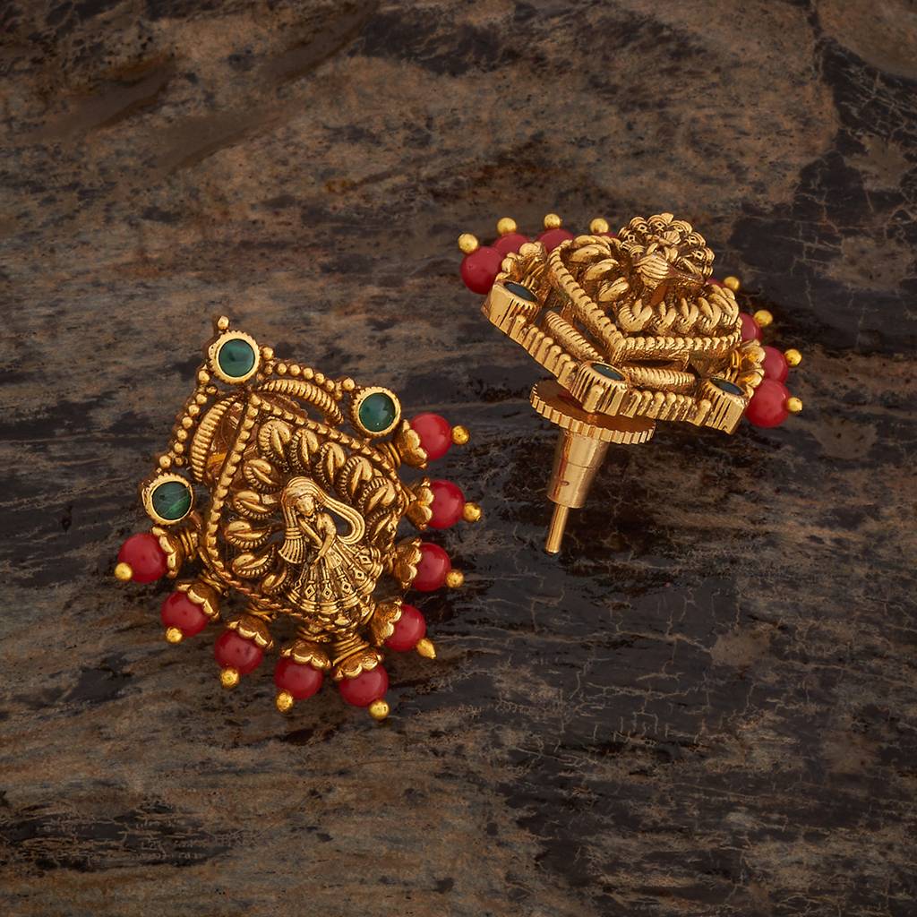 Kushal'S Fashion Jewellery Green Gold-Plated Ethnic Antique Studs-435519 : 435519